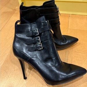 Michael Kors stiletto heel pointed toe booties  black leather silver buckle 9.5